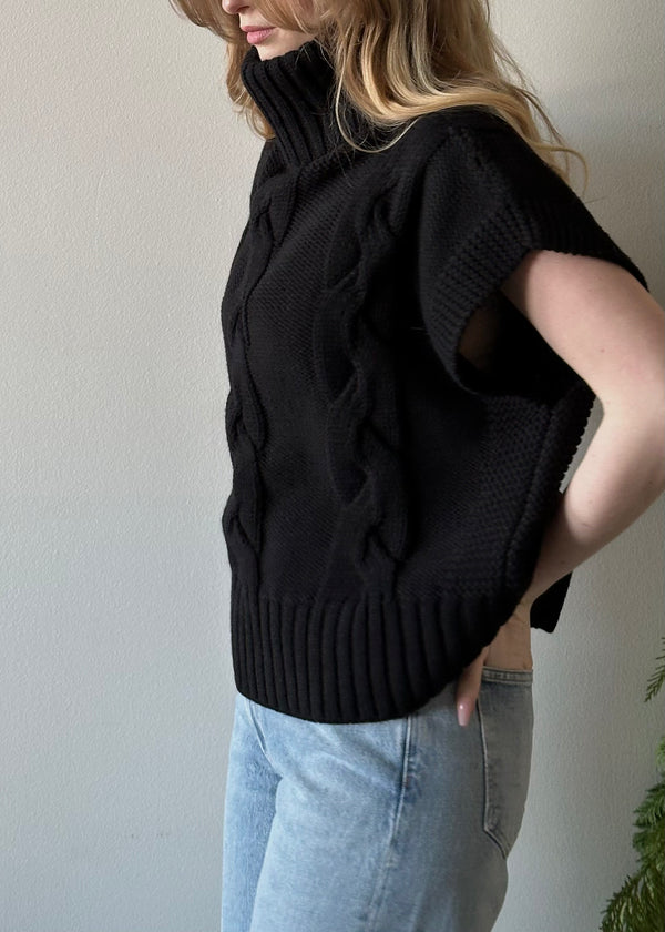 Cable Knit Sleeveless Turtleneck - Black
