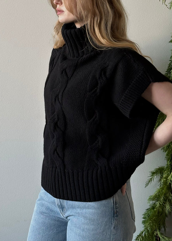 Cable Knit Sleeveless Turtleneck - Black
