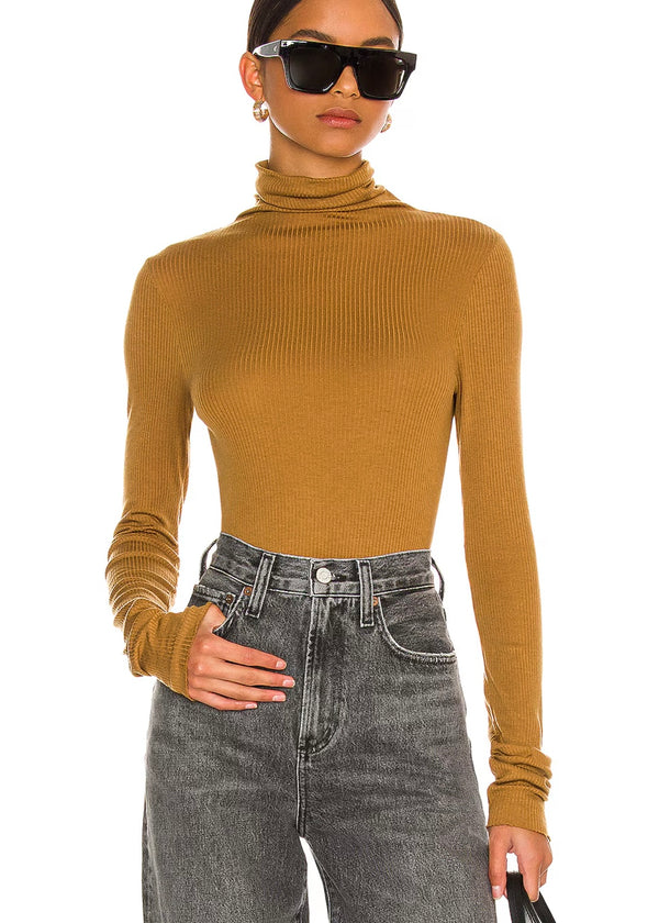 Silk Cashmere Rib L/S Turtleneck, Camel - house of lolo
