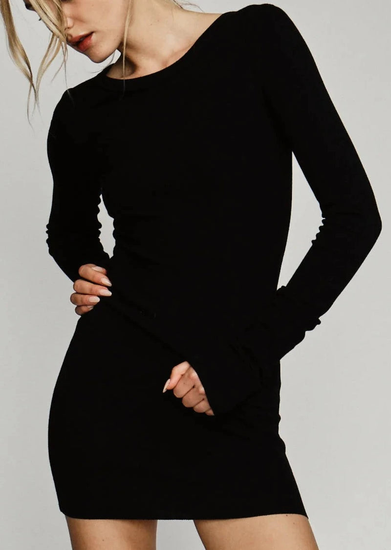 Long Sleeve Crewneck Dress Mini - Black - house of lolo