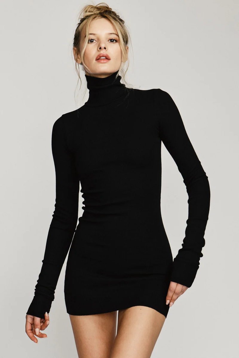 Long Sleeve Turtleneck Dress Mini - Black