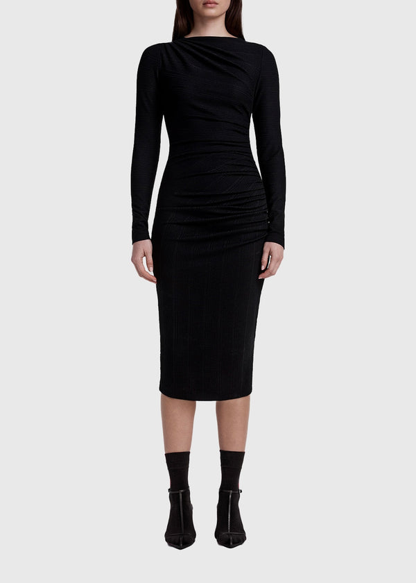 Ruched Knit Midi Dress - Black