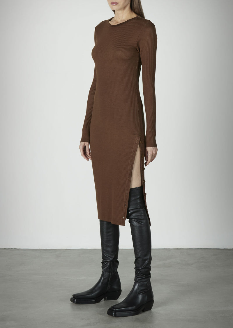 Viscose Rib Crewneck Button Midi Dress - Mahogany - house of lolo Viscose Rib Crewneck Button Midi Dress - Mahogany - house of lolo