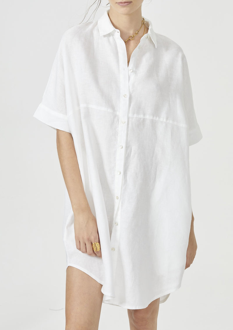 Linen Shirt Dress - White - house of lolo