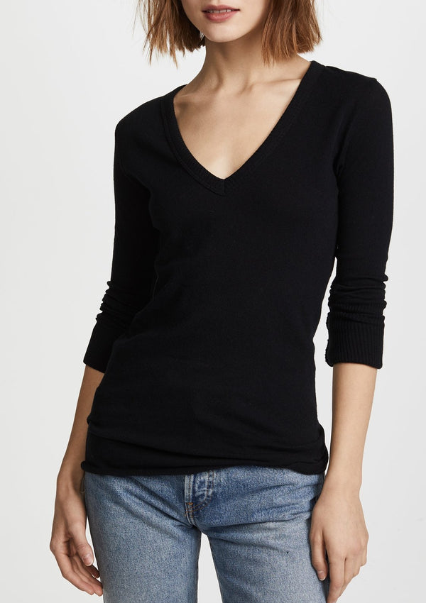 Cashmere Cuffed V Neck Sweater - Black - house of lolo