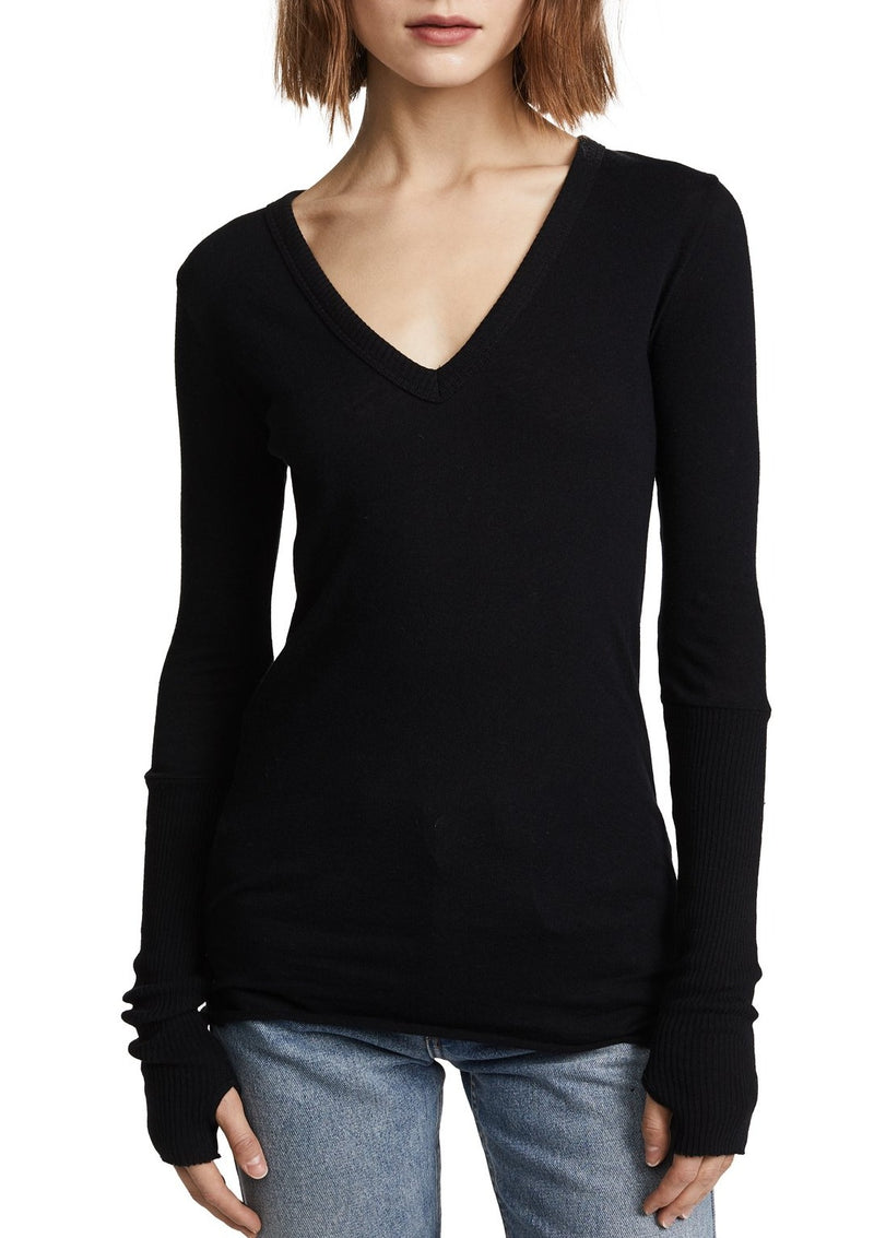 Cashmere Cuffed V Neck Sweater - Black - house of lolo